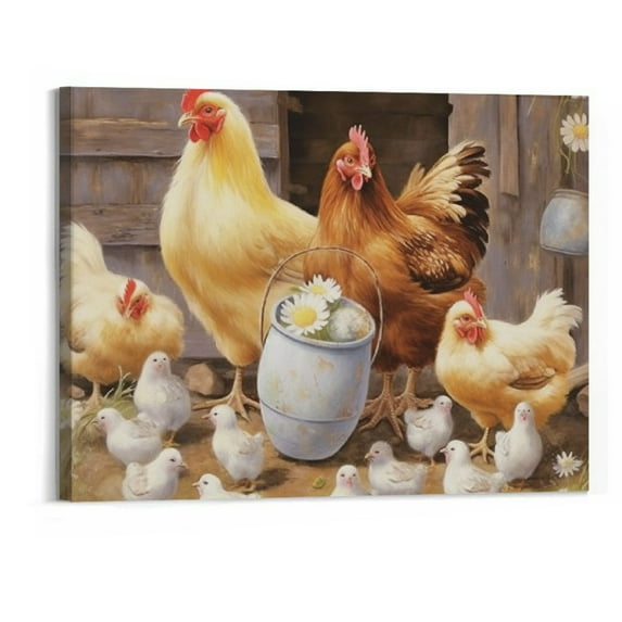 Creowell Farmhouse Wall Art Rooster Print: Hen Painting Small Born Chicks Picture Barnyard Birds Vintage Framed Canvas Artwork for Kitchen Decor Easy Hanging 20x16 Inch