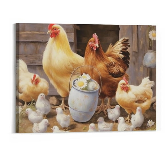 Creowell Farmhouse Wall Art Rooster Print: Hen Painting Small Born Chicks Picture Barnyard Birds Vintage Framed Canvas Artwork for Kitchen Decor Easy Hanging 20x16 Inch