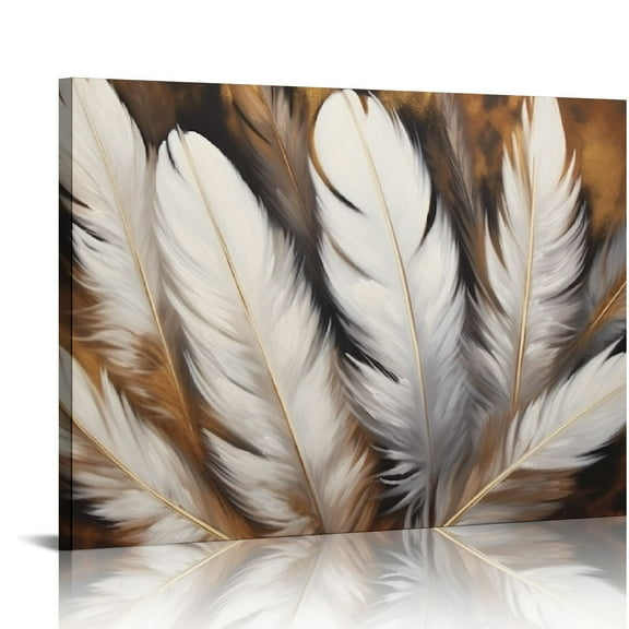 Creowell Feather Canvas Wall Art Modern Living Room Bedroom Wall Decoration Print Canvas Painting Artwork for Home Decor White Gold Brown Feather Picture Ready to Hang 20x16 in/16x12 in