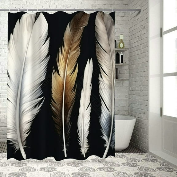 Creowell Feathers Black and White Stripe Print Bathroom Shower Curtain | Sustainable Polyester Fiber Fabric with Hooks | Modern Chic Home Bathtubs Bathroom Curtain Decoration 36x72