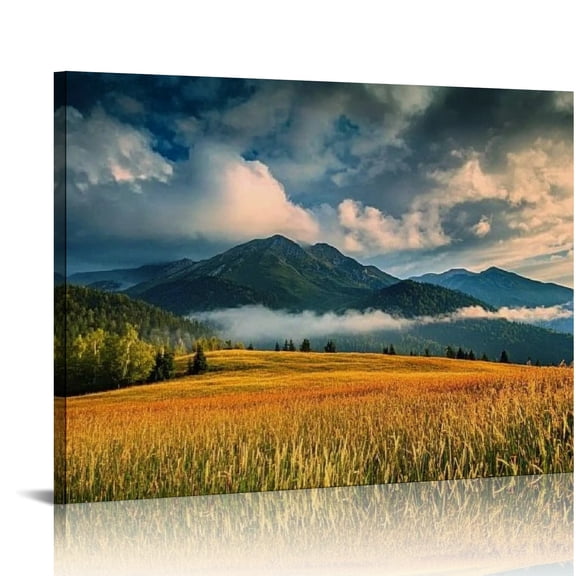 Creowell Field Mountain Clouds Canvas Wall Art Home Decor Ready To Hang 16x12in