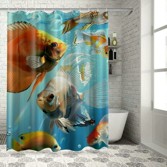 Creowell Fish Shower Curtain, Colorful Design Types of Pacific Swimming Animal Mackerel Salmon and Sea Bass Exotic Wild Life Theme, Cloth Fabric Bathroom Set with Hooks White