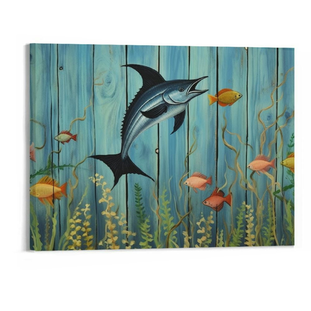 Creowell Fish Wall Decor Blue Marlin Fish Pictures Saltwater Fishing Paintings Framed Wall Art on Canvas Tropical Swordfish Artwork for Living Room House Decor Ready to Hang Poster and Prints 20x16 In