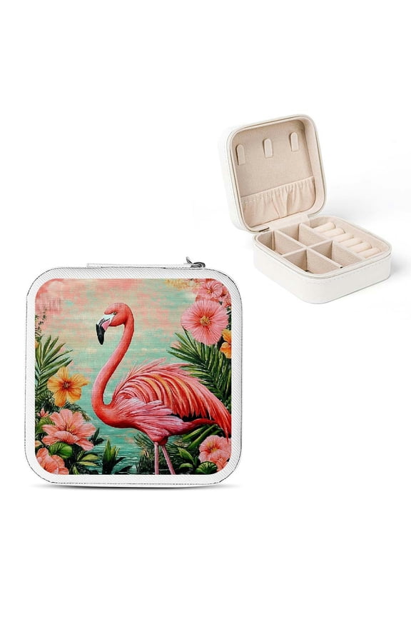 Flamingo Flowers Jewelry Box Organizer for Necklace, Ring, Earring - Compact Size with Multiple Storage Spaces White