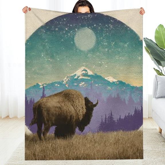 Creowell Flannel Blanket Bison Mountain Moon Multi-Purpose All Season 40*50in