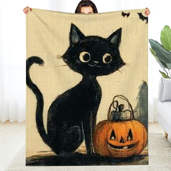 Creowell Flannel Blanket Black Cat Pumpkin Jack O Lantern Cozy Gift 40*50in
