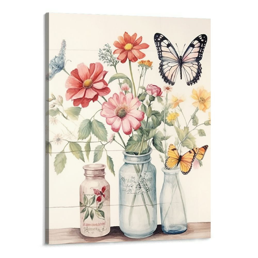 Creowell Floral Bathroom Wall Art Rustic Vase Flower Butterfly Pictures ...