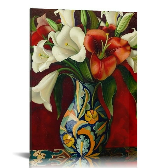 Creowell  Floral and Botanical Traditional Wrapped Canvas Art - Mexican Flower Vase, Wall Art for Living Room, Bedroom, and Bathroom, White and Brown Home Decor 12x16 in