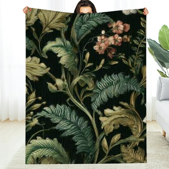 Creowell Floral Pattern Leaves Baroque Flannel Blanket - Reversible Soft Warm 60*80in