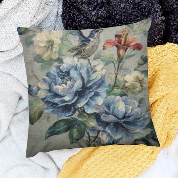 Creowell Floral Pillow Cover Spring Plant Flowers Hydrangea Hibiscus Iris Bird Leaf Throw Pillow Case Square Cushion Decorative Cover for Sofa Bed Blue Green 18x18in