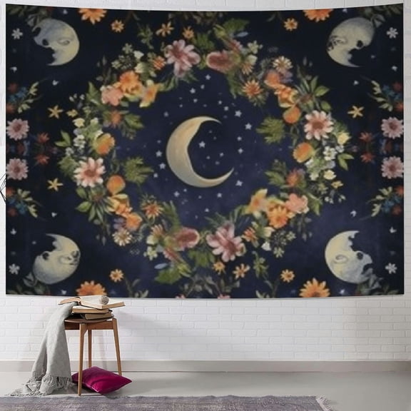 Creowell  Floral Plants Moon Phase Tapestry, Botanical Background  Tapestries Wall Hanging Bohemian Wall Decor Blanket ​for Bedroom Home Dorm  40x30inch