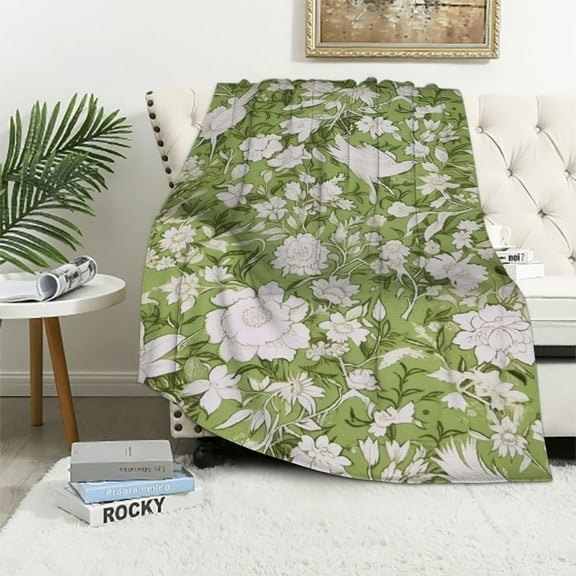 Creowell Floral Print White Flowers Green and White Throw Blanket Flannel All Seasons Super Soft Blanket 40x50in
