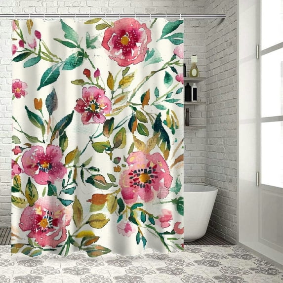 Creowell Floral Shower Curtain, Shabby Form Flowers Roses Petals Dots Leaves Buds Spring Season Theme Image, Cloth Fabric Bathroom Decor Set with Hooks, Magenta White