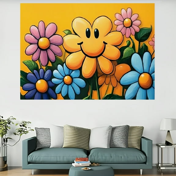 Creowell Flower Smiley Face Tapestry Wall Hanging 100% Polyester Art 60x40in