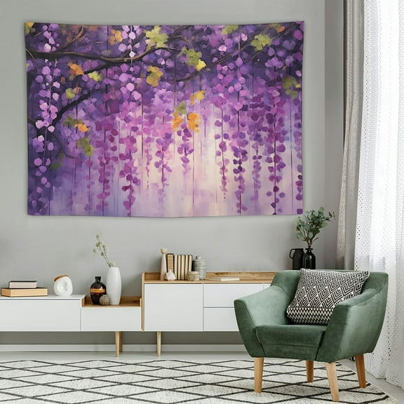 Creowell  Flower Tapestry, Floral Ivy Blossoms from Tree Foggy Vibrant Murky Habitat Depicting Work of Art Print, Wide Wall Hanging for Bedroom Living Room Dorm,60x40 Inch, Purple 60x40in