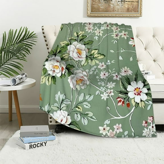 Creowell Flower Throw Blanket White Flower and Green Leaves Print  Blanket Watercolor Vine Flower Bed Blanket for Girls Room Decor, Botanical Floral Flannel Blanket