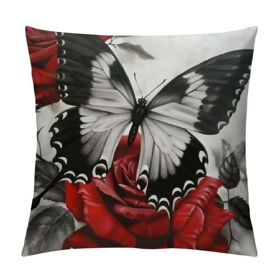 Creowell Flower Throw Pillow Covers Red Rose Gray Black Decorative Pillow Covers Couch Bed Sofa Floral Square Pillow Cover Red Black Farmhouse Pillow Case Spring Summer,Multi-Size