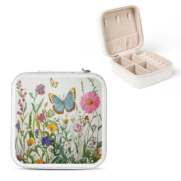 Creowell Flowers Butterflies PU Leather Jewelry Box for Travel White