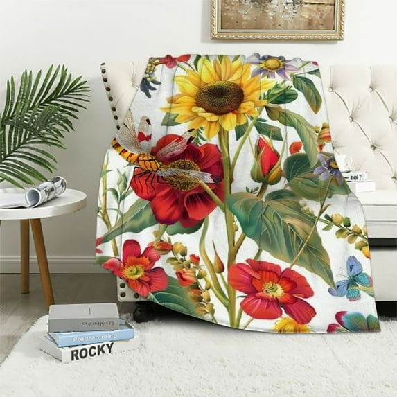 Creowell Flowers Dragonfly Print Flannel Throw Blanket Lightweight Soft Blanket for All Seasons 40x50in