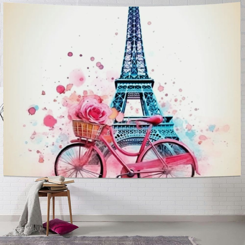 Creowell Flowers Eiffel Tower Bicycle Print Tapestry Wall Hanging Short