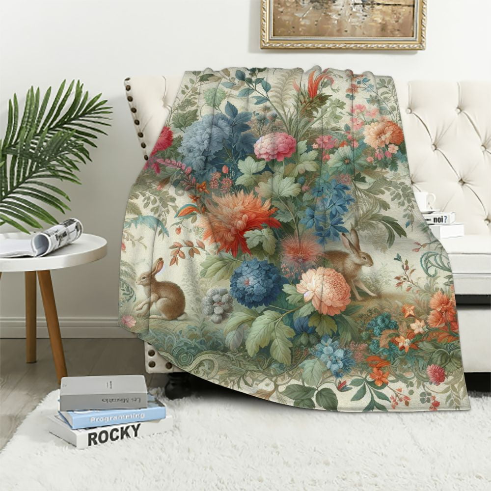 Creowell Flowers Rabbits Ferns Cozy Blanket Soft Warm Throw Blanket for