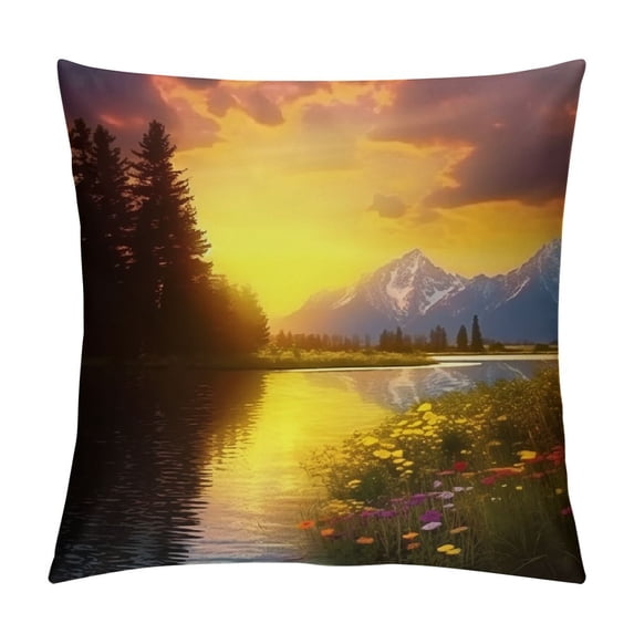 Creowell Flowers Sunset Lake Pillow Cases with Zipper Home Decor for Living Room Bedroom Bed Cushion Outdoor Throw Pillow Cover Autumn Printed on Both Sides 1PC 12x12in