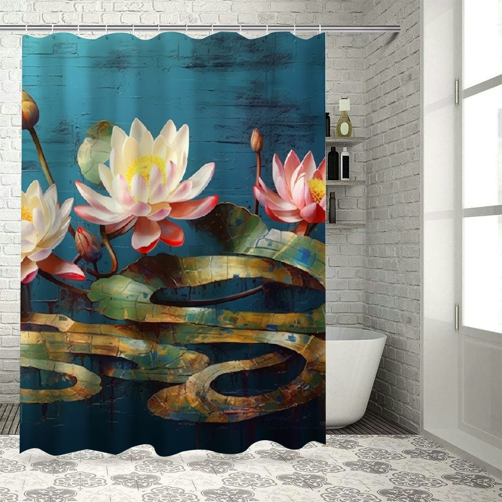 Creowell Flowers Table Blue Background Gold Border Print Shower Curtain