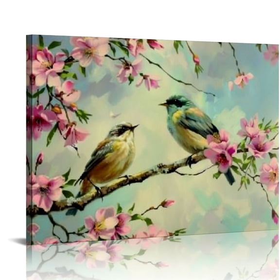 Creowell  Flowers Wall Art Cherry Blossoms Pictures Wall Decor for Living Room Teal Tree Birds Canvas Painting Modern Extra Landscape Floral Framed Artwork for Bedroom 20x16in
