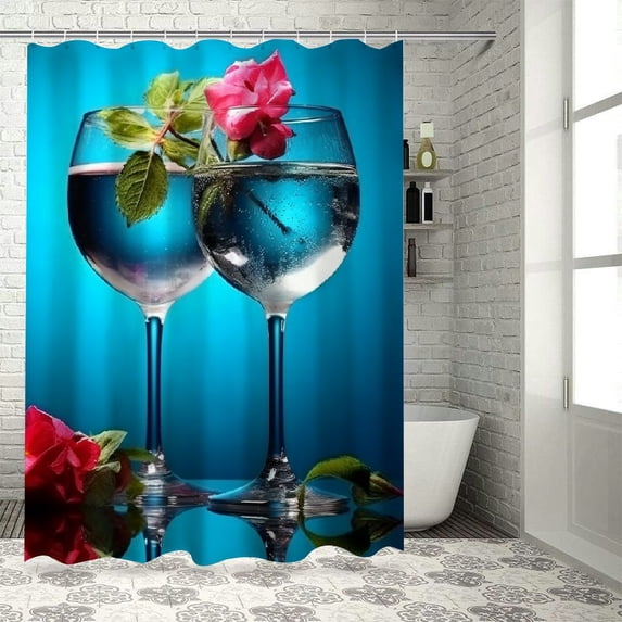 Creowell Flowers Wine Glasses Print Shower Curtain, Background Curtain for Showers and Bathtubs, 100% Polyester Bathroom Shower Curtain Set with Hooks 36x72