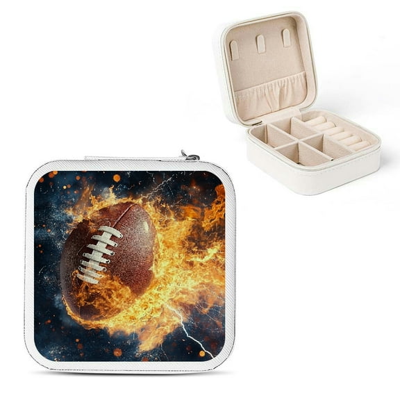 Creowell Football Fire Lightning PU Leather Jewelry Box for Travel White