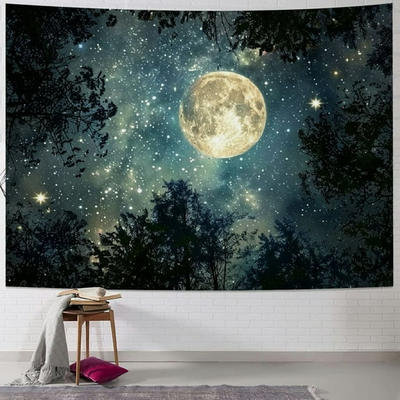 Creowell Forest Galaxy Starry Tapestry for Bedroom Ceiling, Space Night Starry Sky Moon Stars Tapestry Aesthetic, Tree Forest Milky Way Backdrop Wall Hanging for Living Room Decor 40x30inch