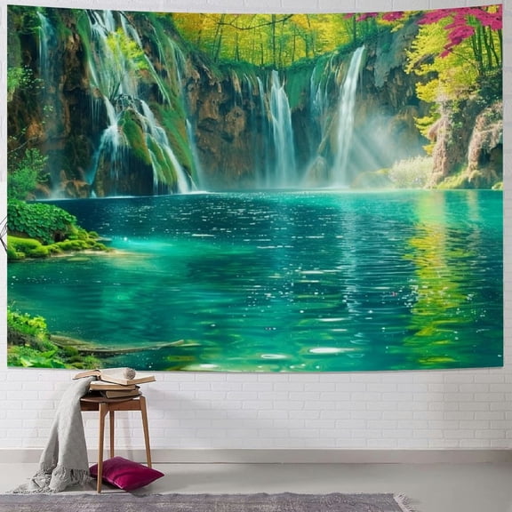 Creowell Forest Lake Tapestry Wall Hanging Waterfall Tapestry Blooming Flowers Flowing Water Green Scenery Nature Tapestry Bedroom Living Room Dorm Decor Painting
