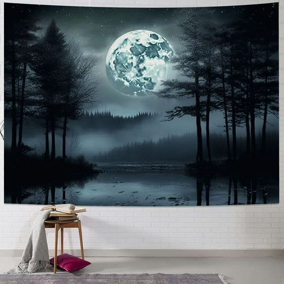 Creowell Forest Moon Tapestry, Trippy Tapestry Mystic Forest Starry Night Full Moon Wall Hanging Tapestry For Bedroom Living Room Dorm 60x50inch