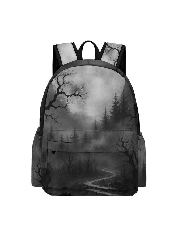 Forest Path Raven Dead Tree Full Moon Fog Black White Wall Art Printed Oxford Backpack, Large Capacity Laptop Backpack, Water Resistant, Travel Daypack for College Work Commuting Adults, 4