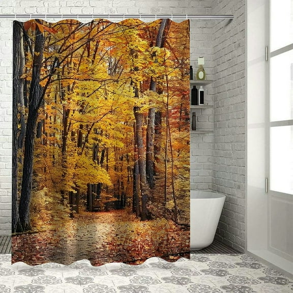 Creowell  Forest Shower Curtain, Fall Photo in National Park Vivid Leaf Plant Eco Earth Theme, Cloth Fabric Bathroom Decor Set with Hooks, Orange Brown White
