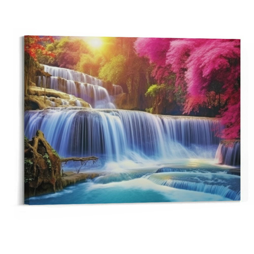Creowell Forest Sunset Canvas Wall Art Dreamlike Blue Waterfall Pink ...
