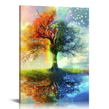 Creowell Four Season Tree of Life Poster with Framed Print Canvas Painting Picture Wall Art for Home Decorations Wall Decor  12x16 in
