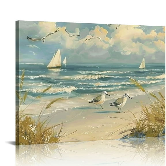 Creowell Framed Beach Canvas Wall Art: Modern Living Room Ocean  Tropical Relaxing Coastal Landscape Painting Bedroom Abstract Seascape Print Sea Bird Artwork Decor for Home 20x16in