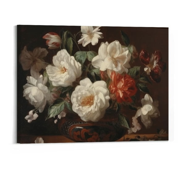 Creowell  Framed Canvas Wall Art,Vintage Oil Painting Prints Roses in an Earthenware Vase Canvas Pictures Classical Decoration for Living Room, Bedroom,Study-20x16 Inch Framed