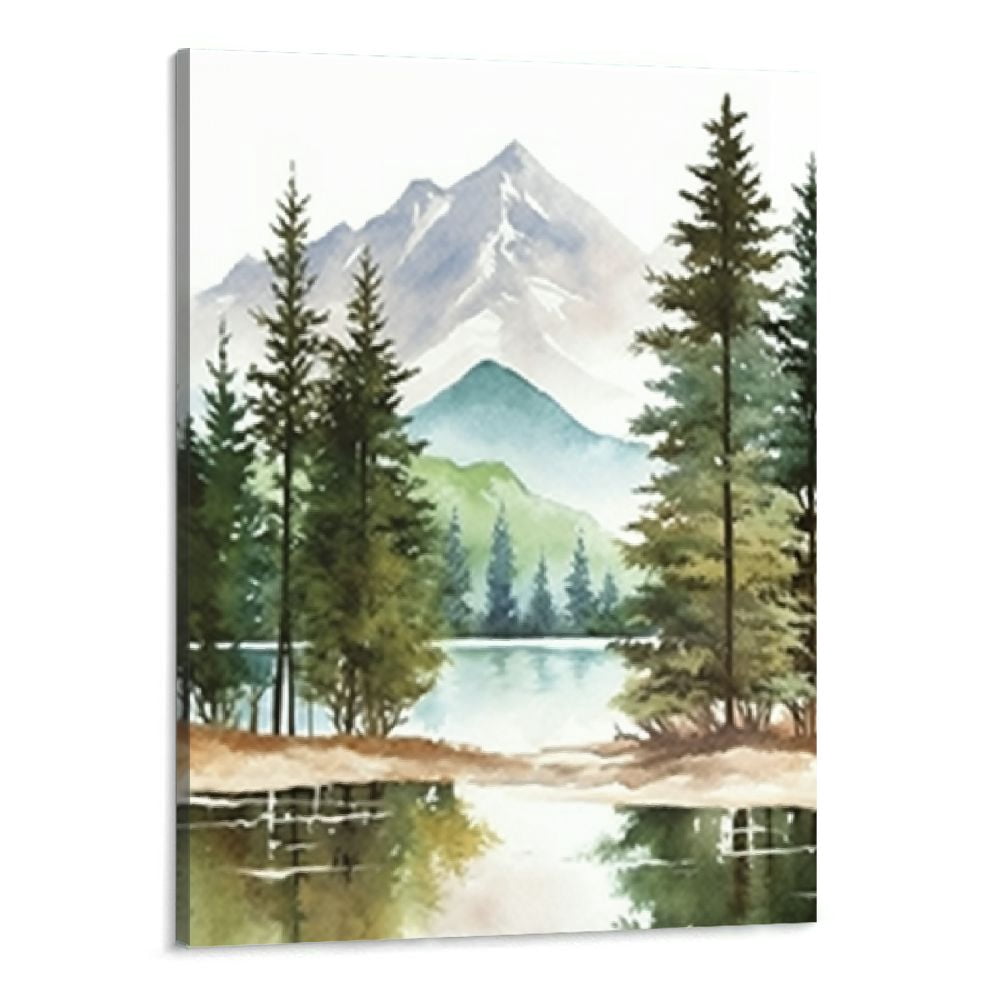 Creowell Framed Mountain Canvas Wall Art Watercolor Forest Landscape ...