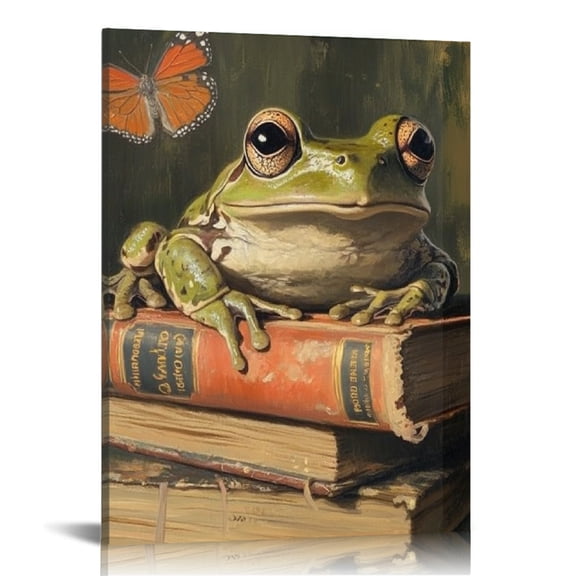 Creowell Frog Books Butterfly Canvas Wall Art Decor for Home Living Room Bathroom Office, Ready to Hang Wall Decor 16x20in