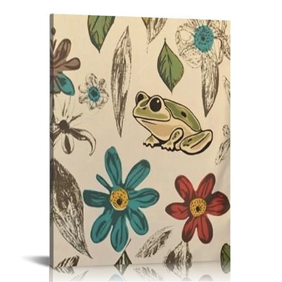 Creowell Frog Flowers Canvas Print Wall Decor for Home Living Room Bedroom Office Kitchen Bathroom, Artistic Wall Pictures for Aesthetic Room Decor 16x20in
