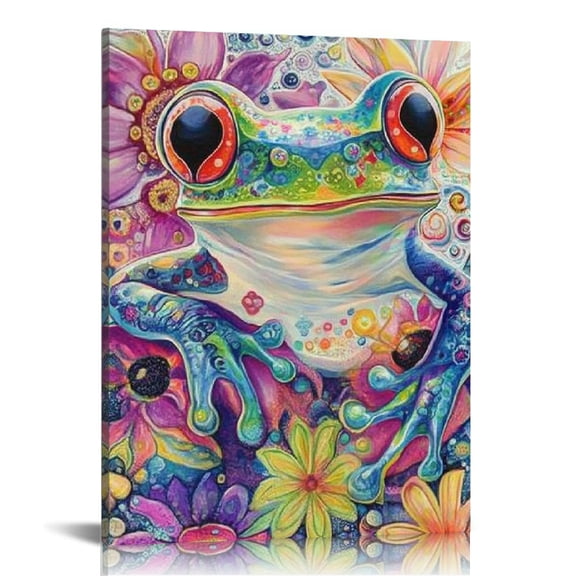 Creowell Frog Flowers Psychedelic Art Canvas Prints Wall Decor 12x16in