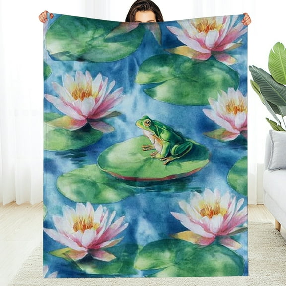 Creowell Frog and Lily Pad Blanket Playful Animal and Water Lily Throw Blankets,Soft Cozy Lightweight, Ideal for Living Room Home Rustic Spring Decor and Kids Women Girls Gifts 60*80in