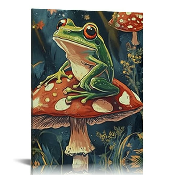Creowell Frog Mushroom Psychedelic Art Modern Canvas Prints Home Decor Living Room Bathroom Office, Ready to Hang 12x16in