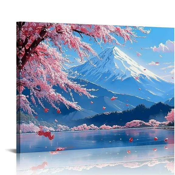 Creowell Fuji Mountain Wall Art Cherry Blossom Pictures Wall Decor Nature Moonlight Canvas Landscape Painting Modern Artwork Home Decoration for Living Room Bedroom Office Framed 20x16in