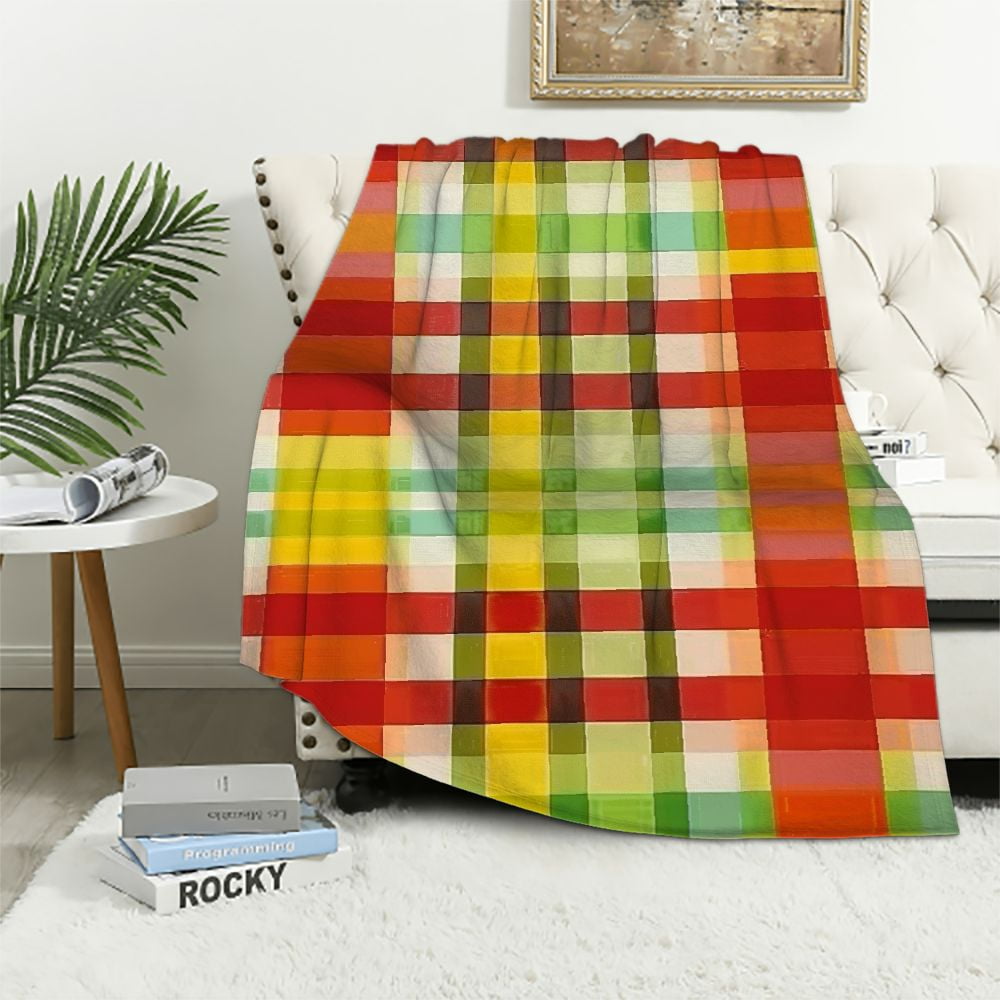 Creowell Fun Red Yellow Lime Green Plaid Pattern Blanket Checkers