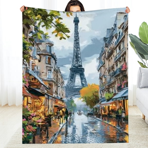Creowell Fuzzy Fluffy Soft Cozy Blanket Eiffel Tower Rainy Street 60*80in