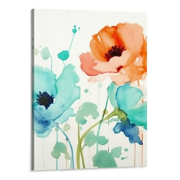 Creowell Genius Decor - Teal and Coral Flowers Floral Canvas Wall Art Decor (Teal Coral, 16x20 Inch)