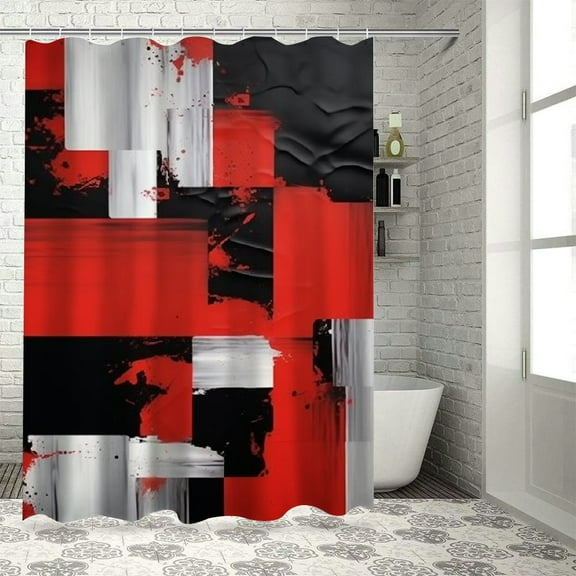 Creowell Geometric Shower Curtain Red Grey Black White Geometry 3D Square Abstract Modern Minimalist Bathroom Decor Polyester Curtains Set with Hook 36x72